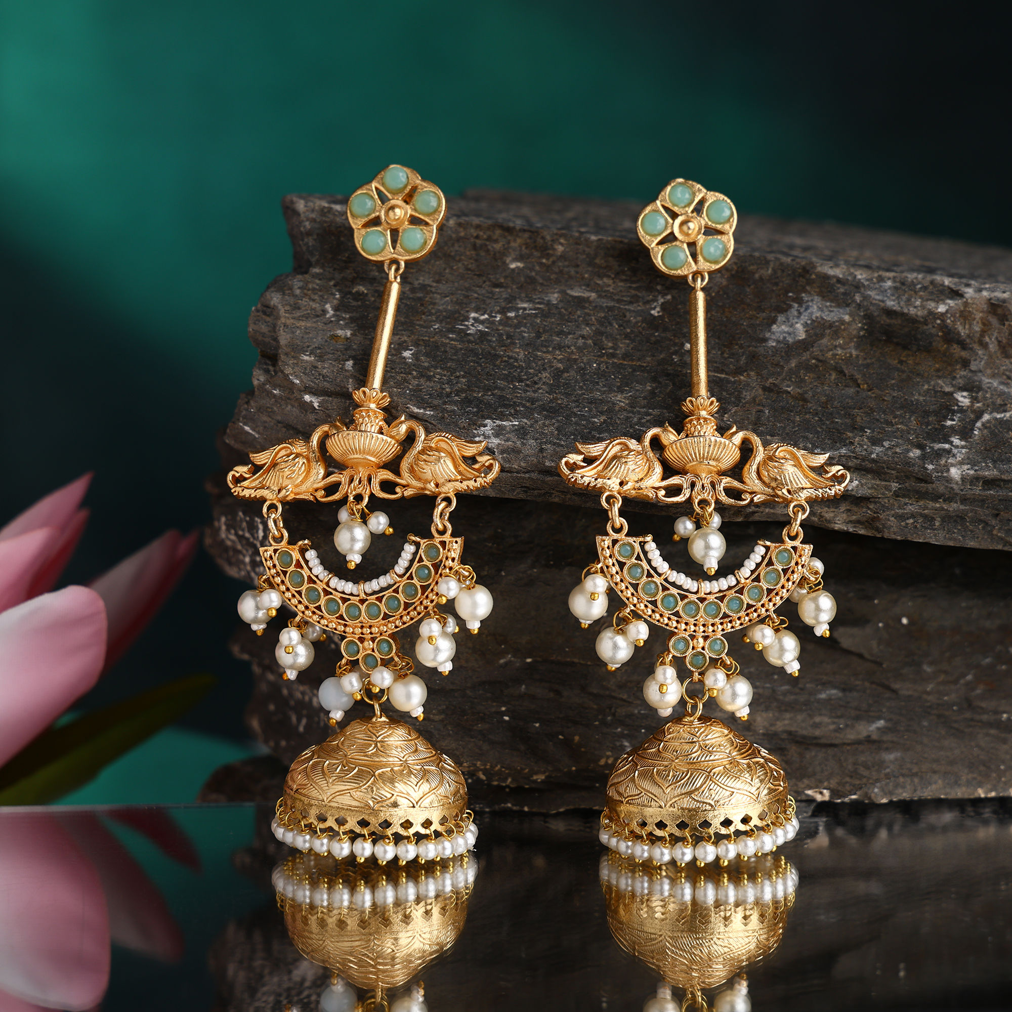 Designer Golden and Mint Green Jhumka Earrings Bird Design In Pearl & Stone Work