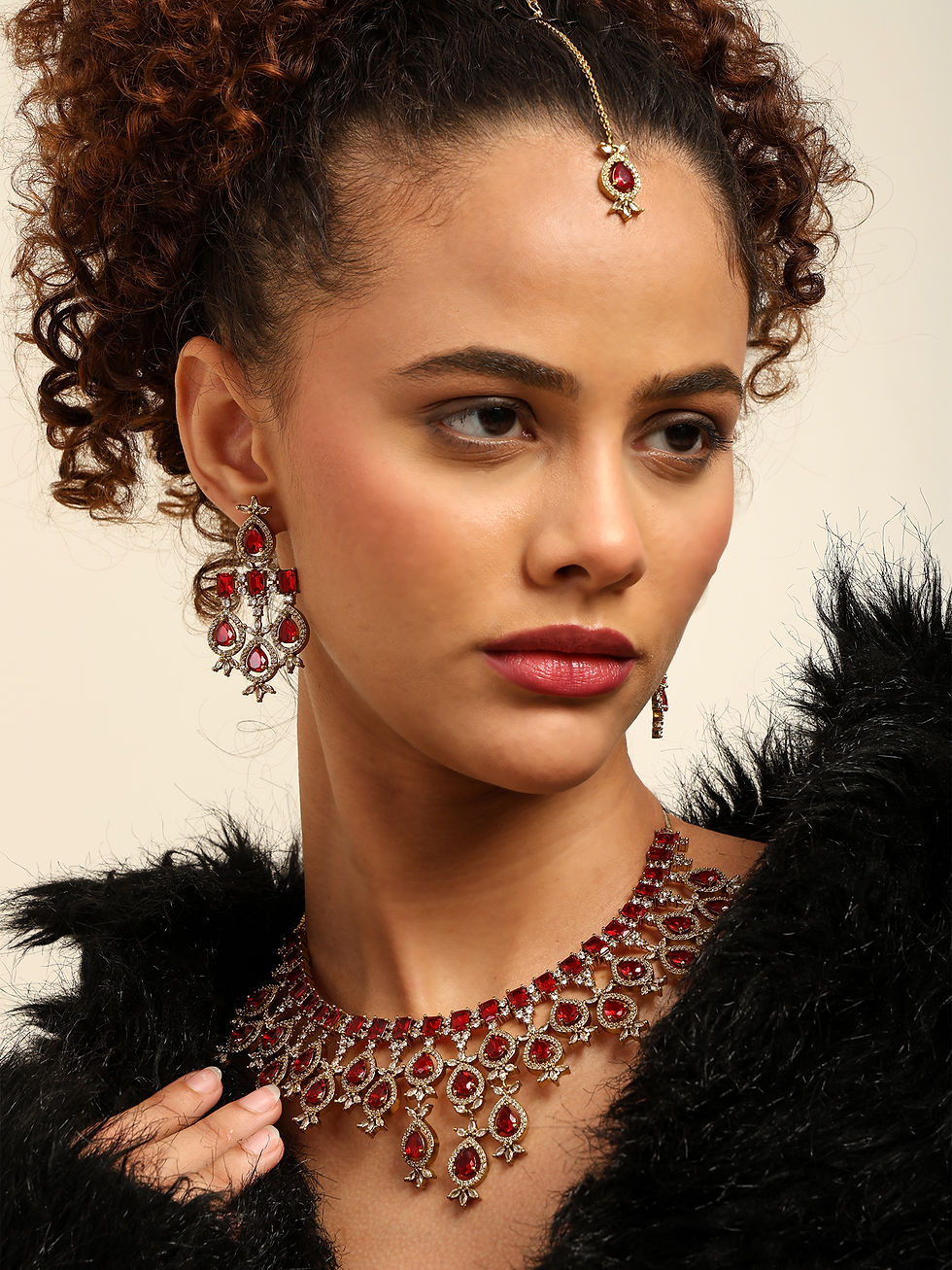 Thumbnail: Bridal Wear Gold Plated AD Necklace with Earrings and a Sleek Maangtikka