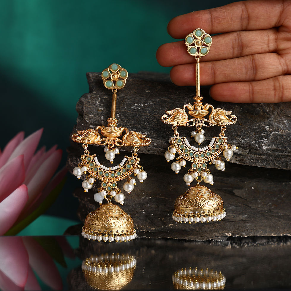 Thumbnail: Designer Golden and Mint Green Jhumka Earrings Bird Design In Pearl & Stone Work