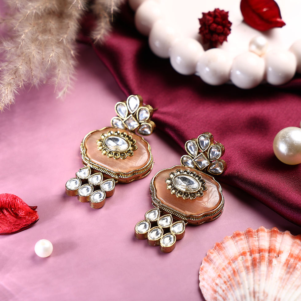 Thumbnail: Beautiful Dangler Brass Earrings with Monalisa and Studded Kundan