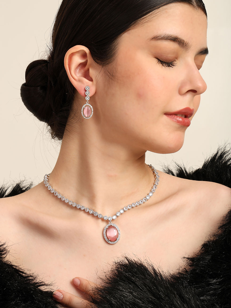 Single Line Silver Plated AD Studded Drop Necklace & Earrings