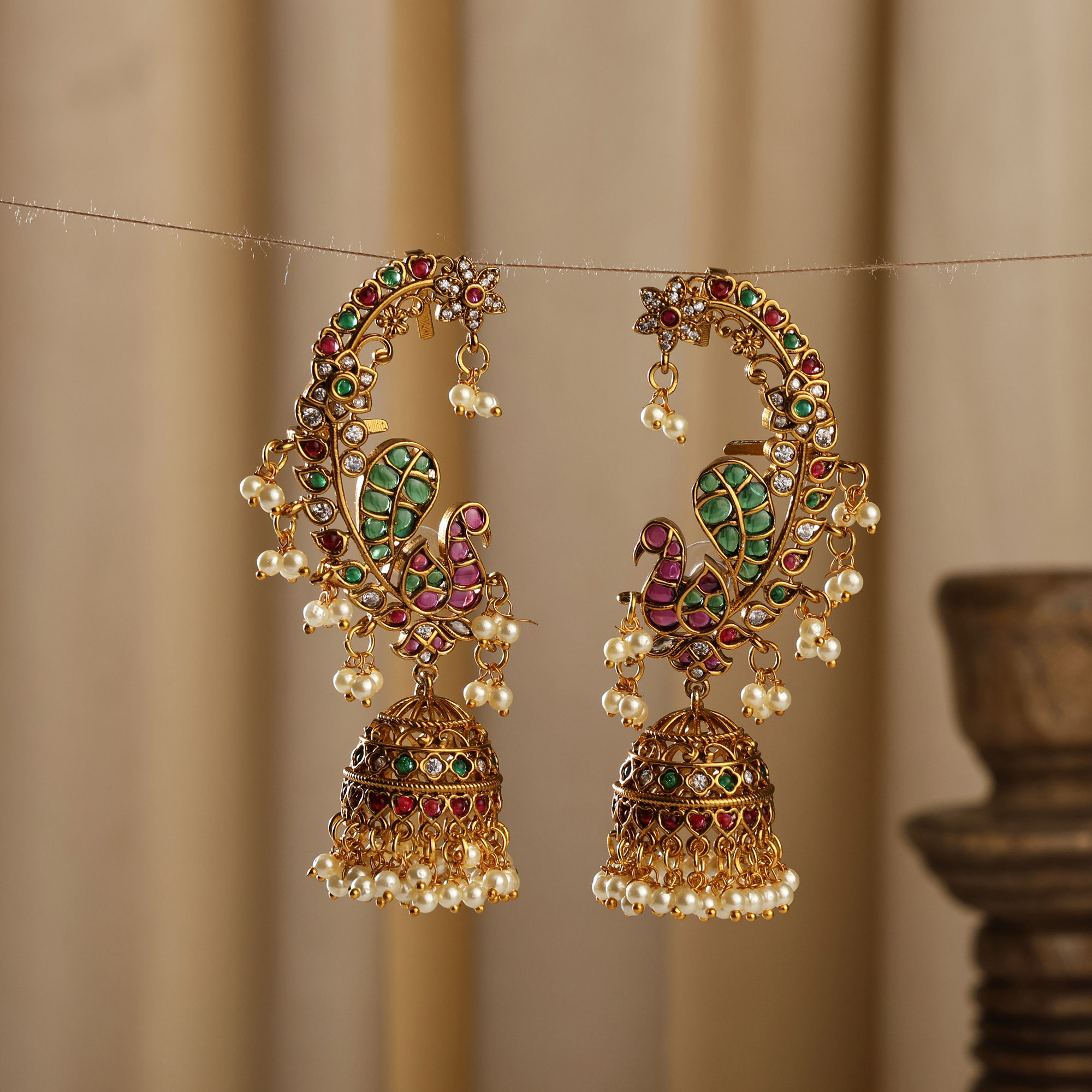 Designer Gold Plated Jhumki Earcuffs in Ruby and Green Jadau Kundan