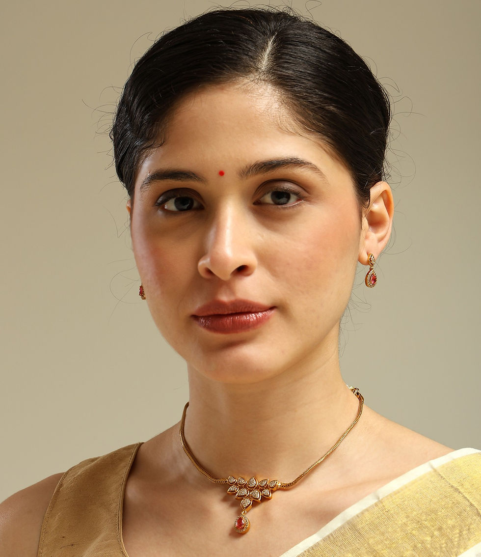 Thumbnail: Gold Plated AD Stone Studded Necklace with Small Drop Earrings