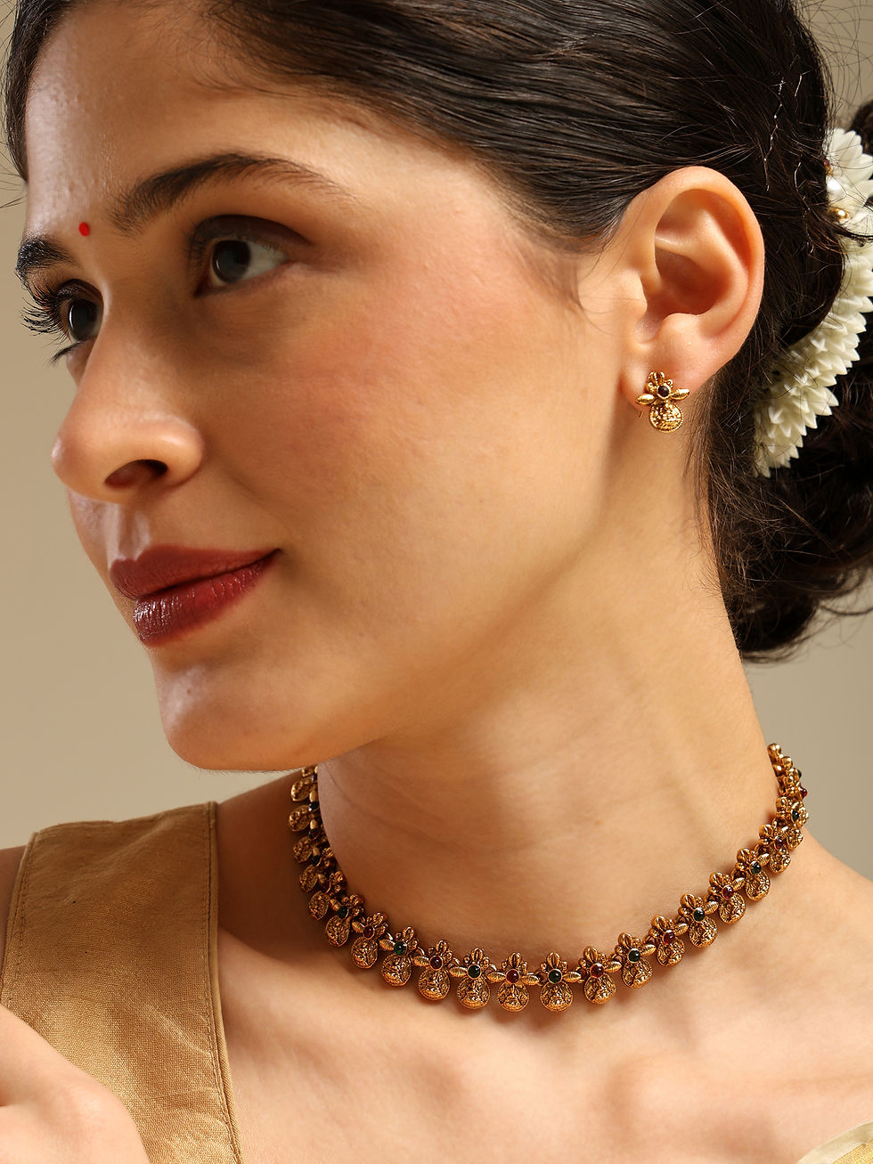 Thumbnail: Gold Plated Mata Laxmi Small Choker Necklace with Tops/Studs