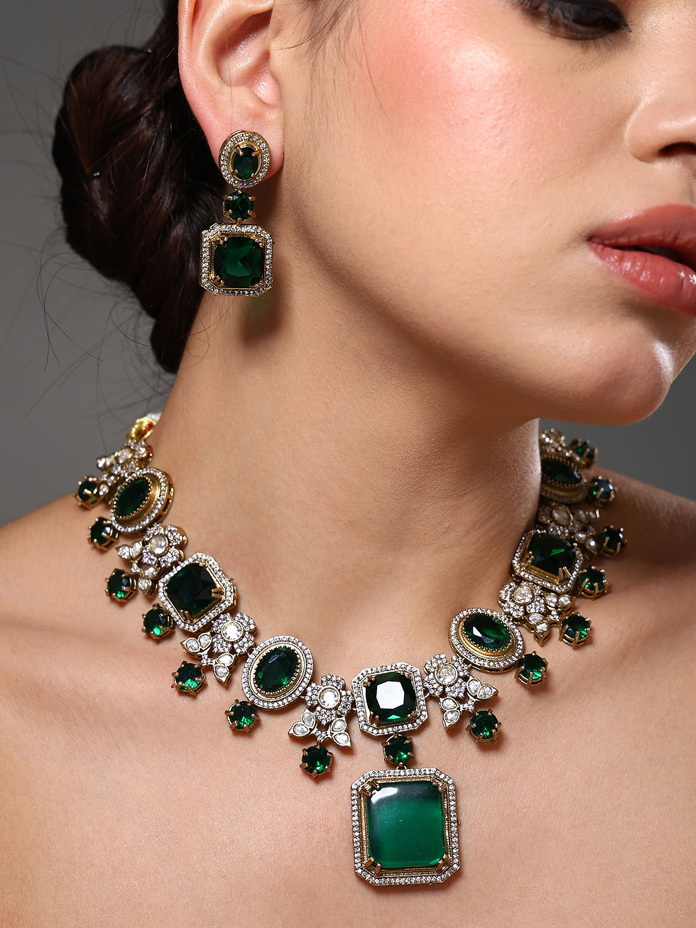 Thumbnail: Gold Plated Moissanite Kundan Traditional Necklace with Monalisa Stones