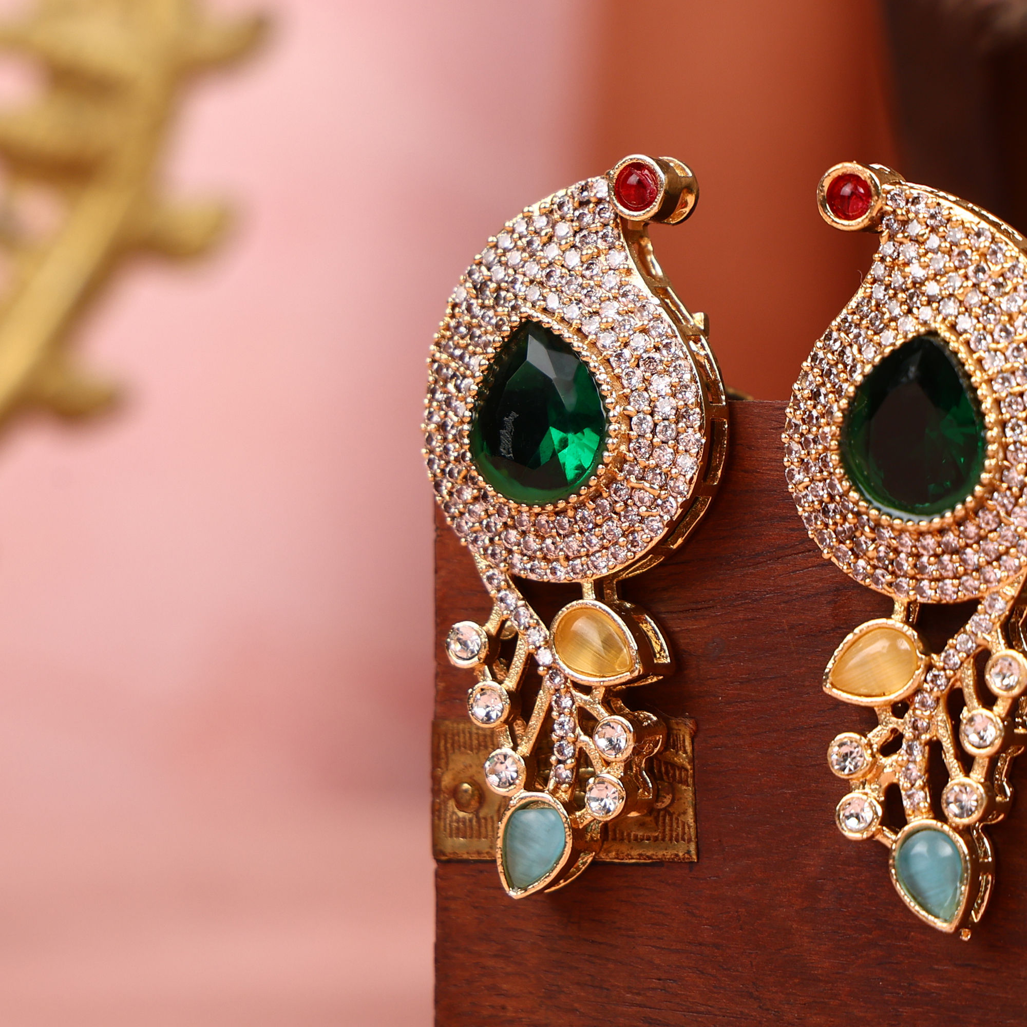 Peacock Shaped AD Stud Earrings with Colorful Stones