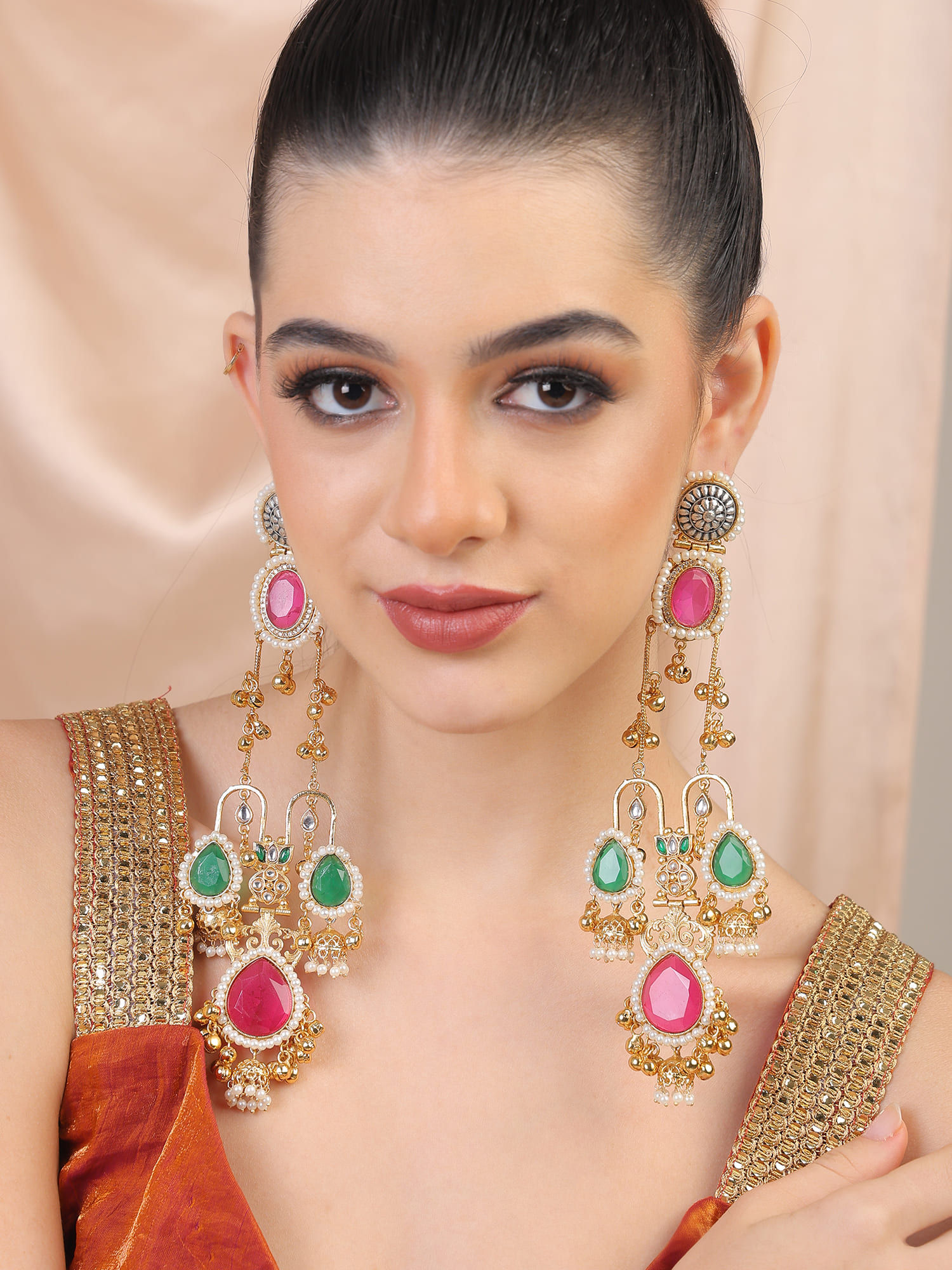 Statement Kashmiri Jhumkas in Golden Polish and in Green and Pink Colour