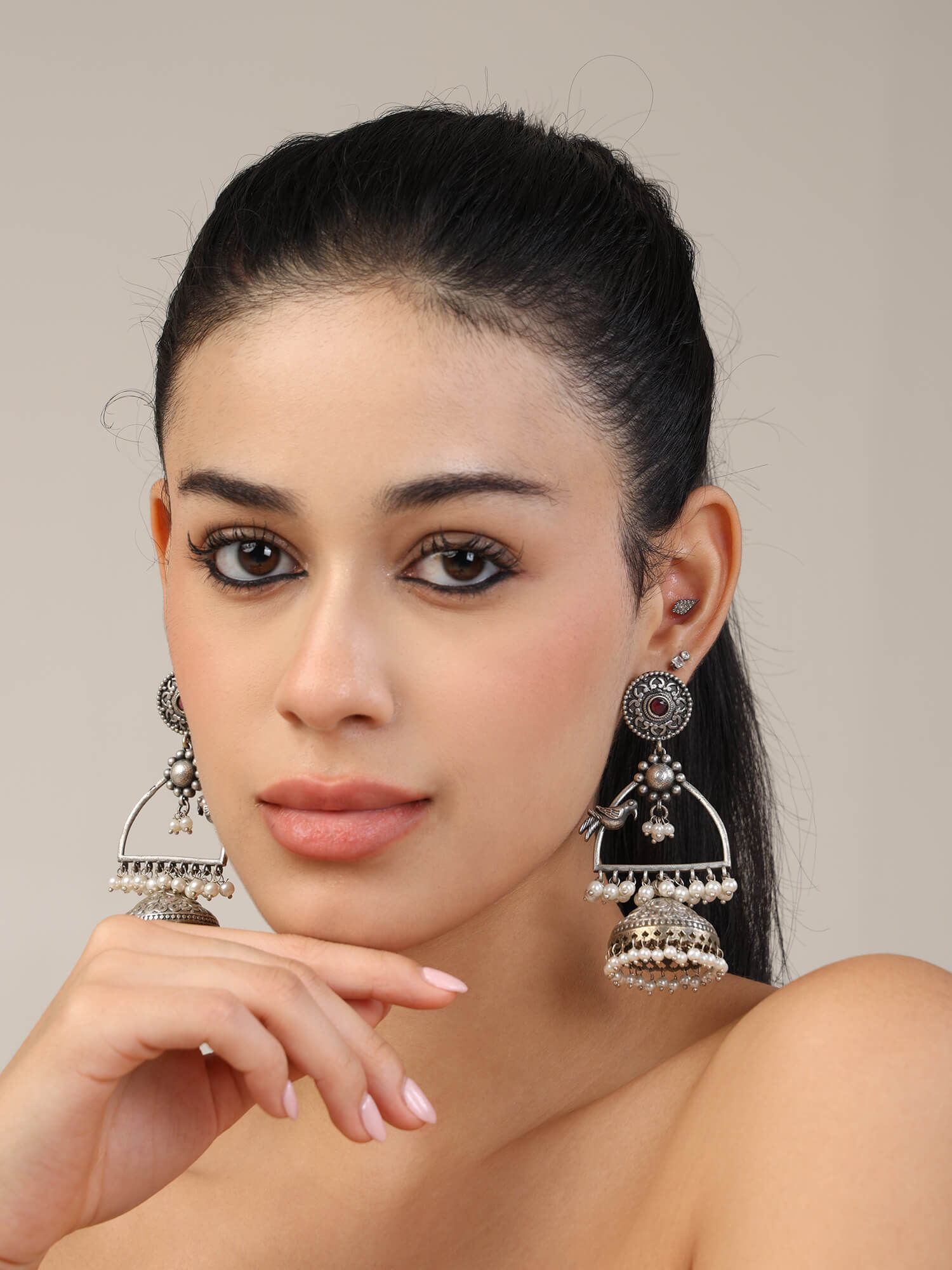 Big Jhumka Silver Replica Danglers with a Small Bird Design and Pearls