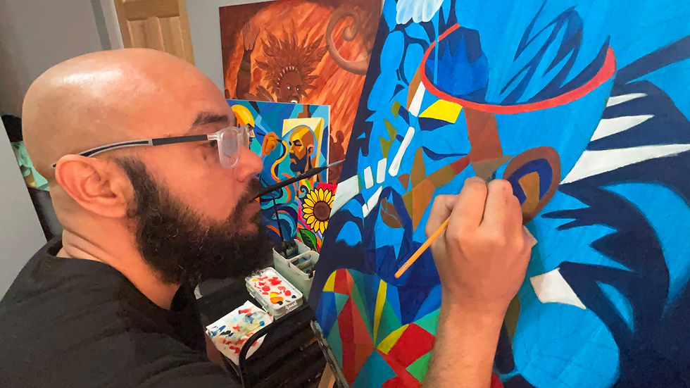 Patrick T. Robinson II paints a colorful self-portrait in his studio, surrounded by his artwork, reflecting creativity and belief in his own artistic journey.