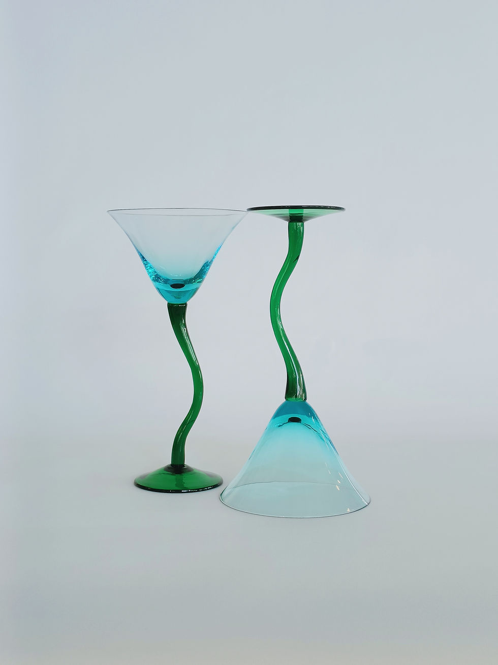 Thumbnail: Set of 2 blue cocktail glasses with green wavy stem