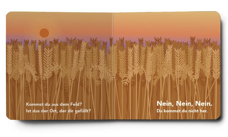 Pappbilderbuch von innen. Es ist augeschlagen. Ein Mockup von Pappebilderbüchern. Feld im Sonnenuntergang. Weizen Strohfeld. Sonnenaufgang. Kinderbuch. Babybuch. Blick ins Buch.