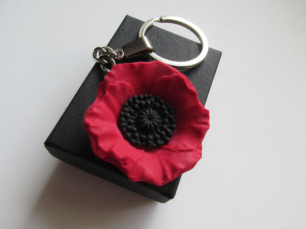 Thumbnail: Handmade Large Fimo Red and Black Poppy Flower Chain Keyring
