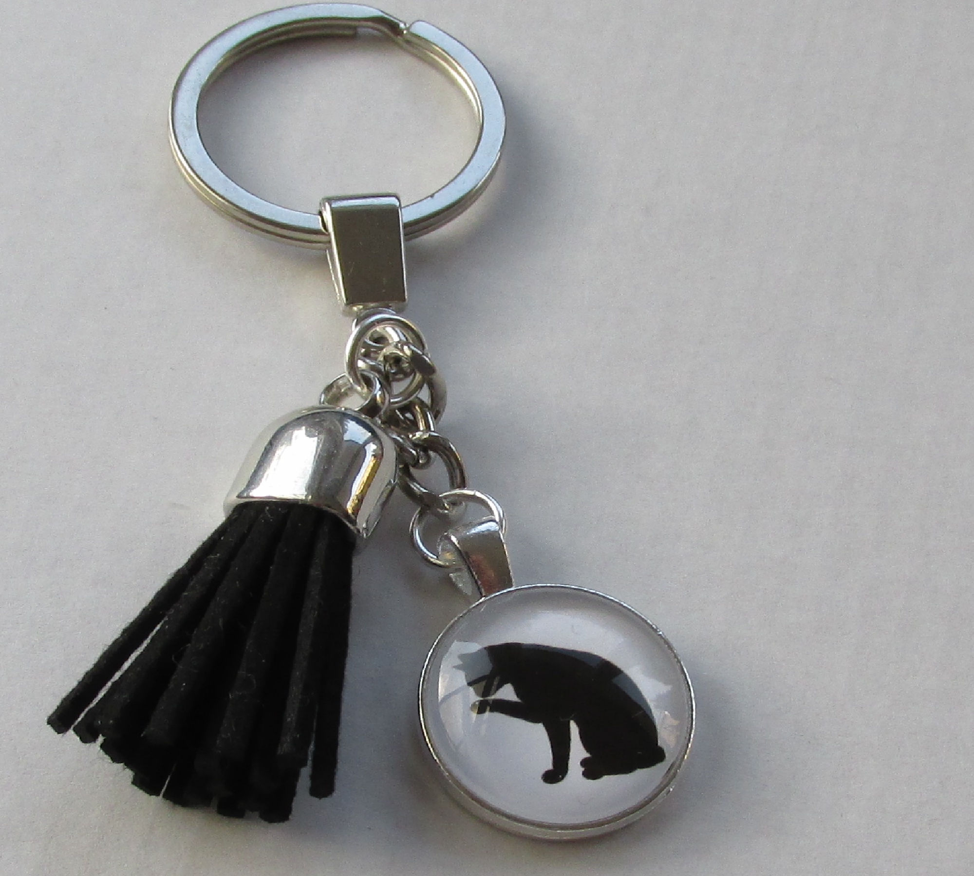 Handmade Glass Mounted Black Cat Design Charm Chain Keyring