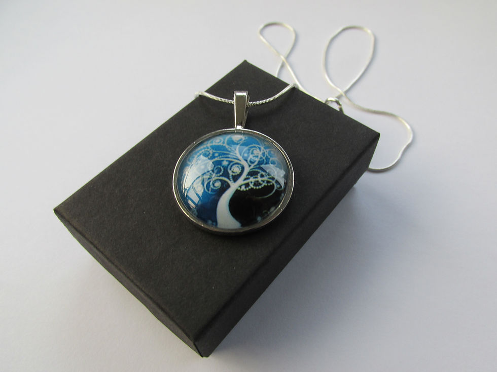 Thumbnail: Handmade Blue & White - Tree of Life Print - Glass Pendant Chain Necklace