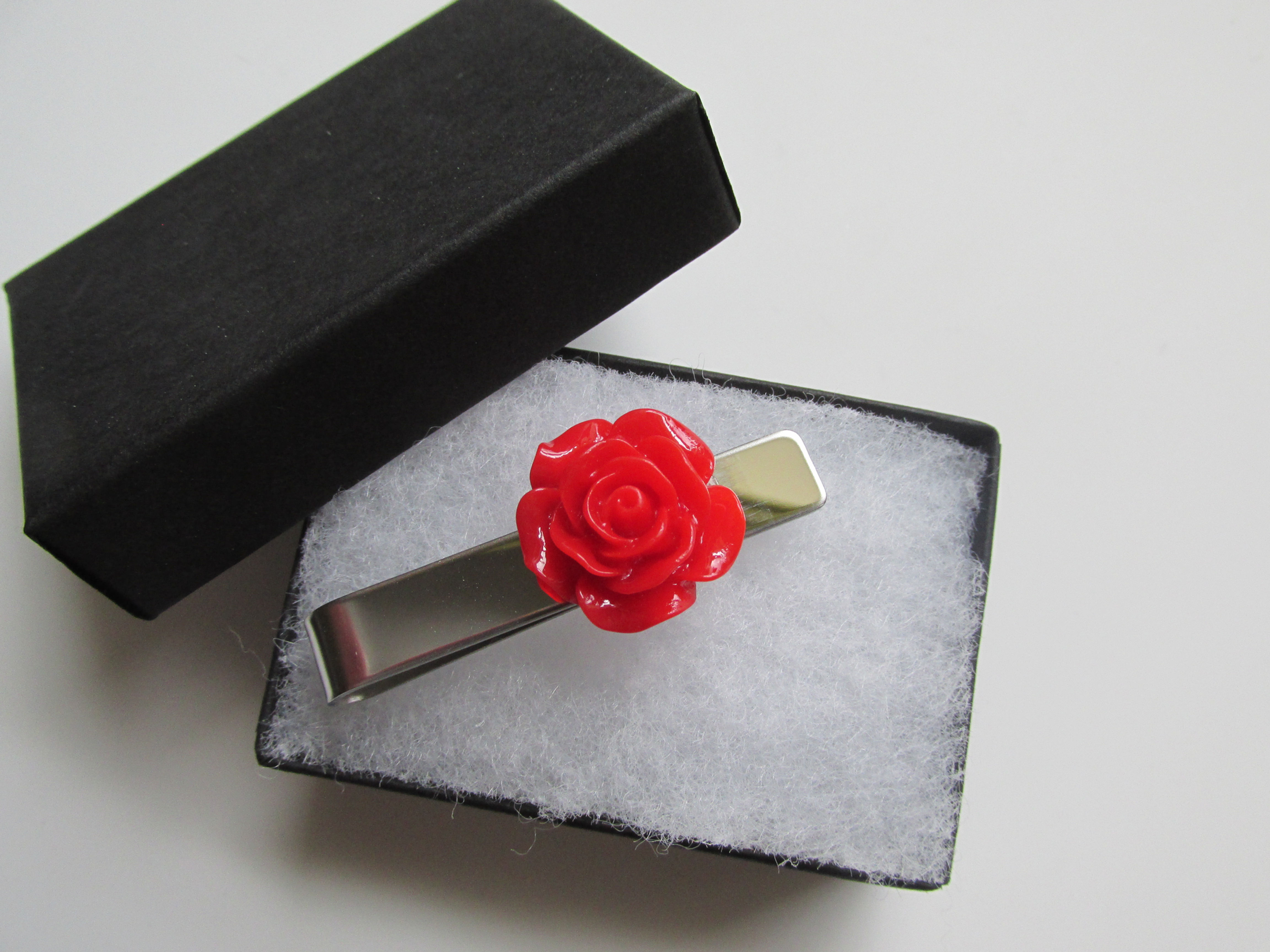 Handmade Red Rose Flower Mens Tie Pin Slide Clip