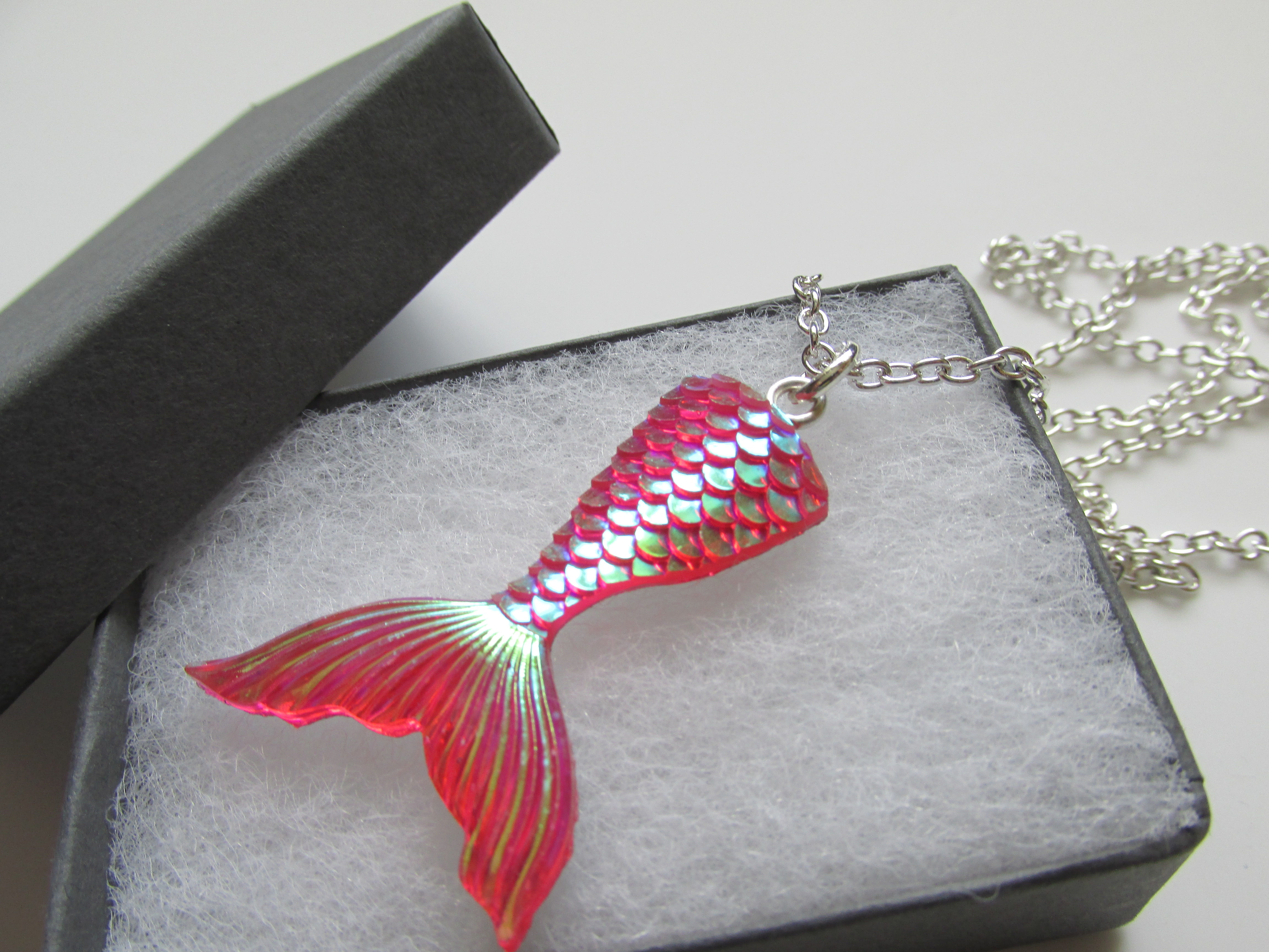 Handmade Red Silver Mermaid Fish Tail Charm Chain Necklace