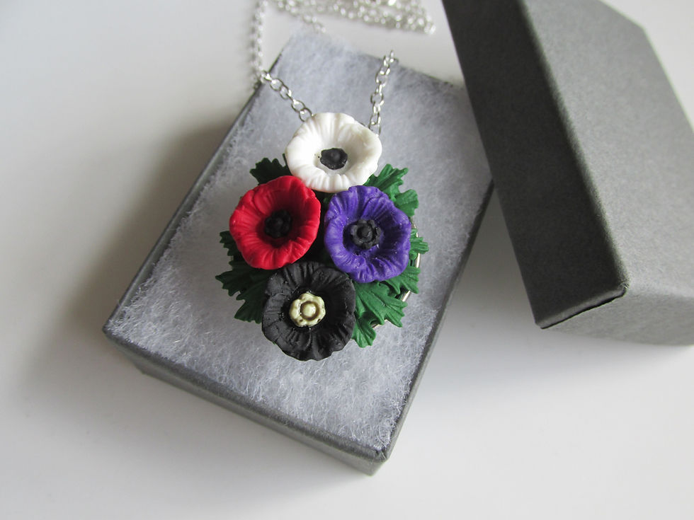 Thumbnail: Handmade Red White Purple & Black Cluster Poppy Pendant Chain Necklace