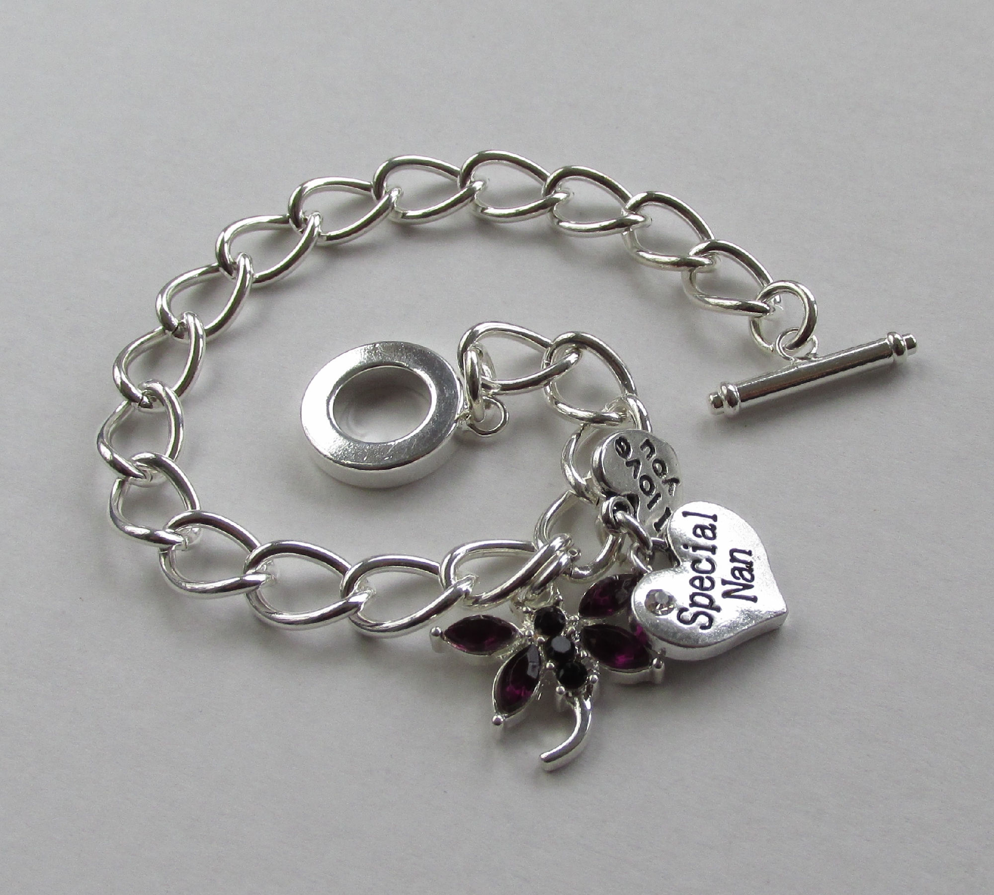 Handmade Purple Dragonfly Charm & Heart Charms - Link Chain Bracelet