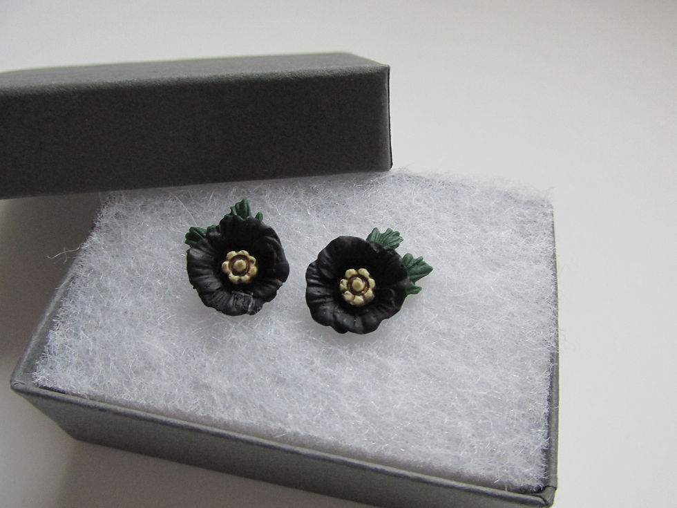 Thumbnail: Handmade Fimo - Black Poppy Inspired Flower Stud Earrings - Gift Boxed