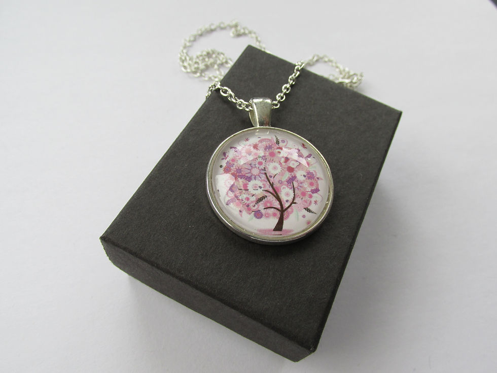 Thumbnail: Handmade Pink Floral Blossom Flower Tree of Life Print - Glass Pendant Chain Nec