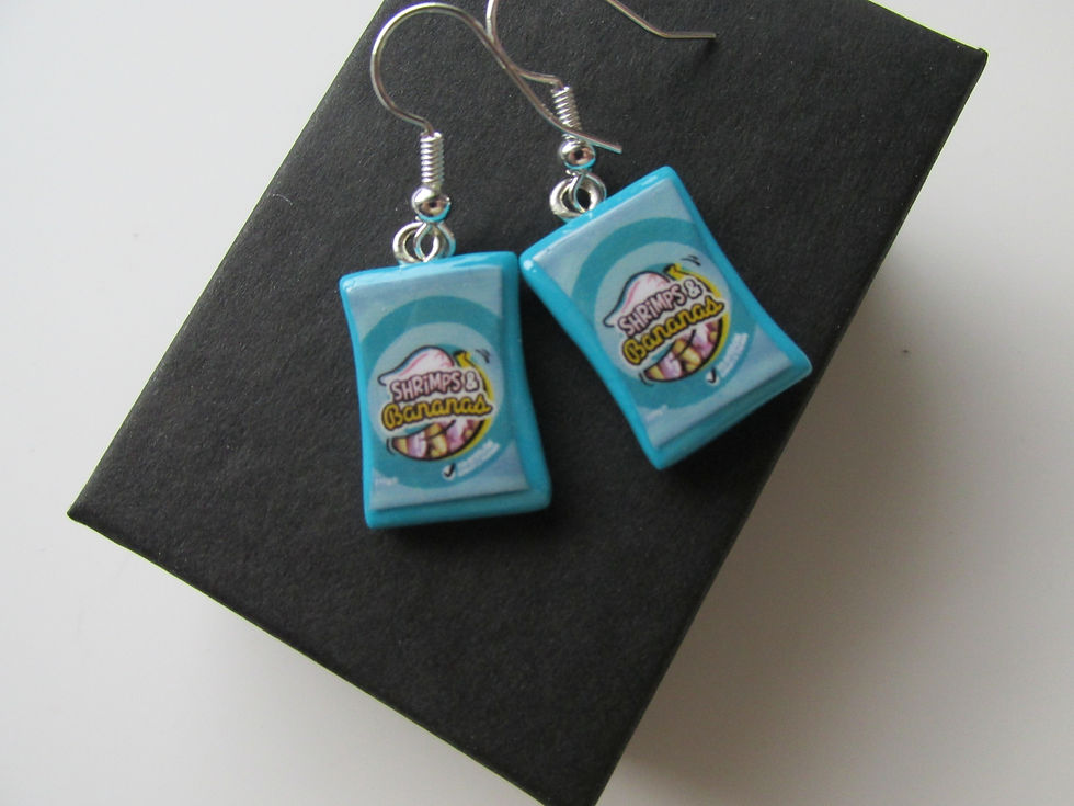 Thumbnail: Handmade Mini Fun - Shrimps & Bananas Retro Sweet Packet Earrings