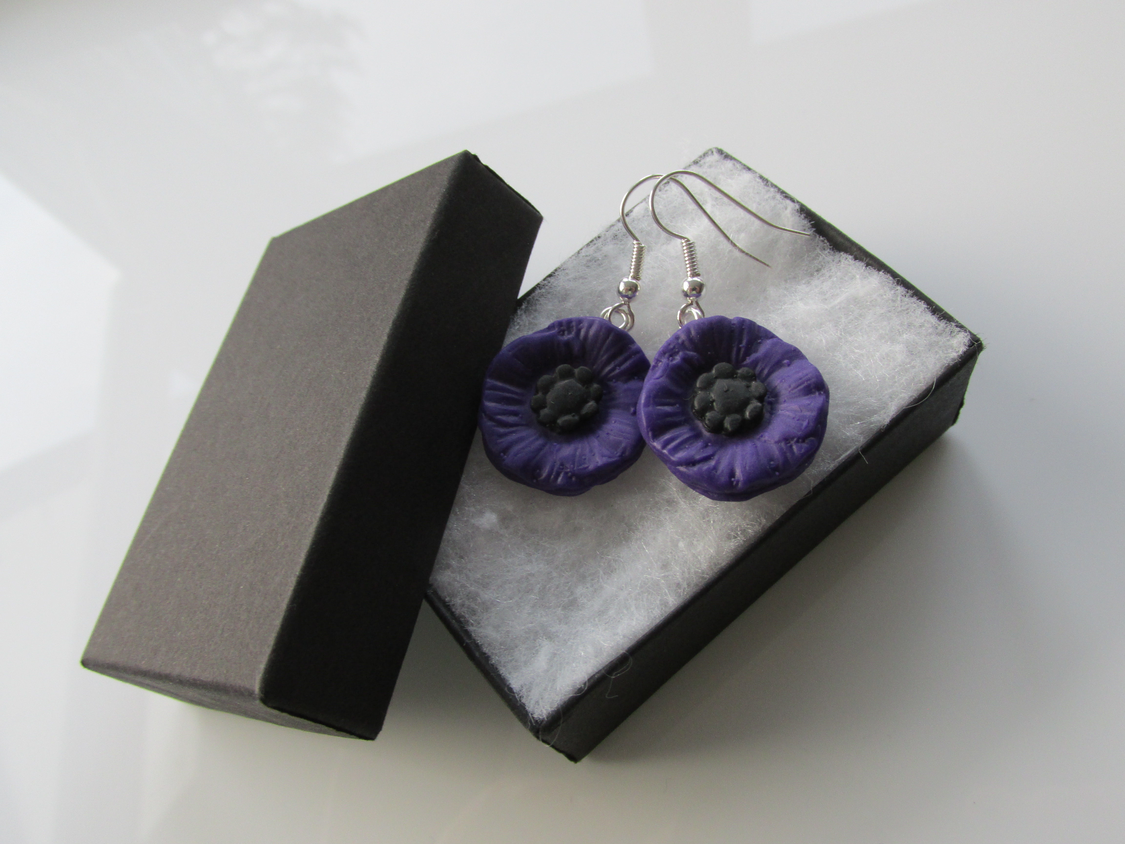 Handmade Fimo - Purple Poppy Inspired Flower Earrings - Gift Boxed