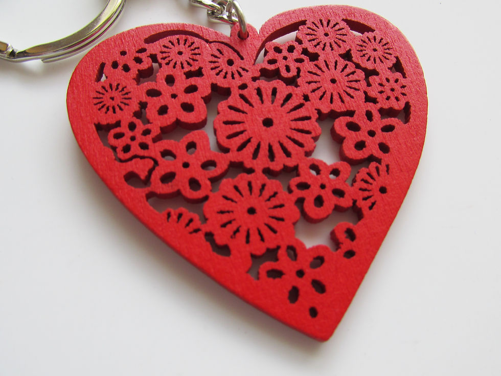 Thumbnail: Handmade Large Red Decorative Flower Carved Heart Keyring