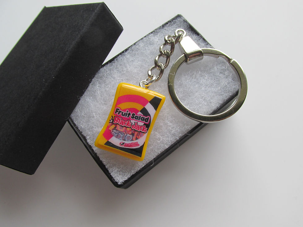 Thumbnail: Handmade Miniature Fun - Fruit Salad & Black Jack Sweet Packet Charm Keyring