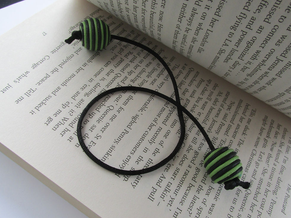 Thumbnail: Handmade Large Black & Green Stripe Bobble Bead Charm - Cord Bookmark