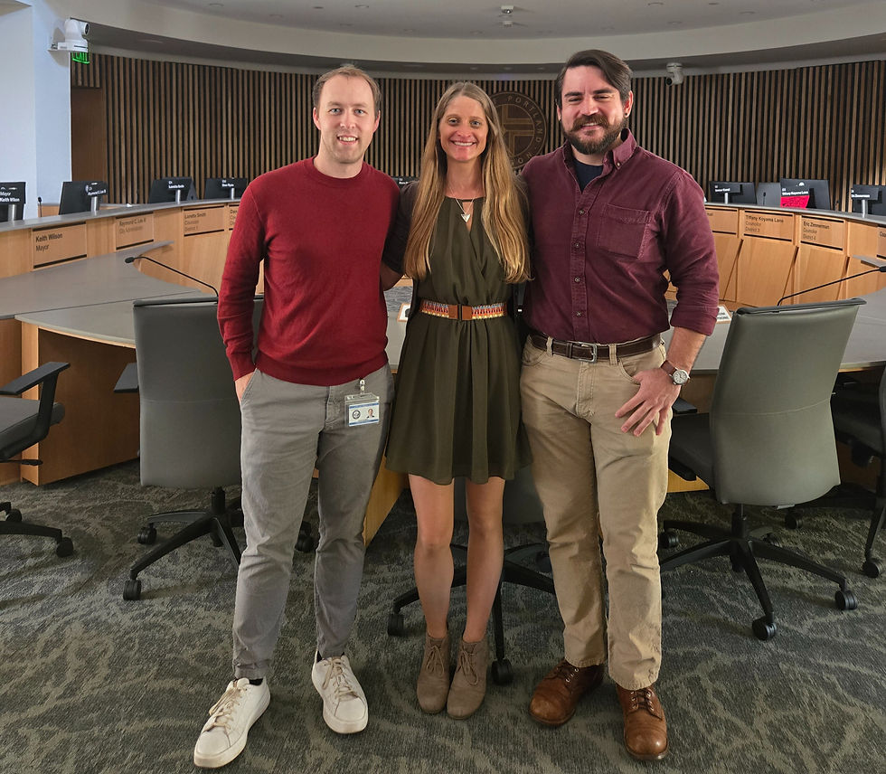From left to right: Devin Mullins, Policy Manager, Office of Councilor Elana Pirtle-Guiney; Courtney N. Moran, LL.M.; and Christian Aguinaga, Policy Coordinator, Office of Councilor Mitch Green.