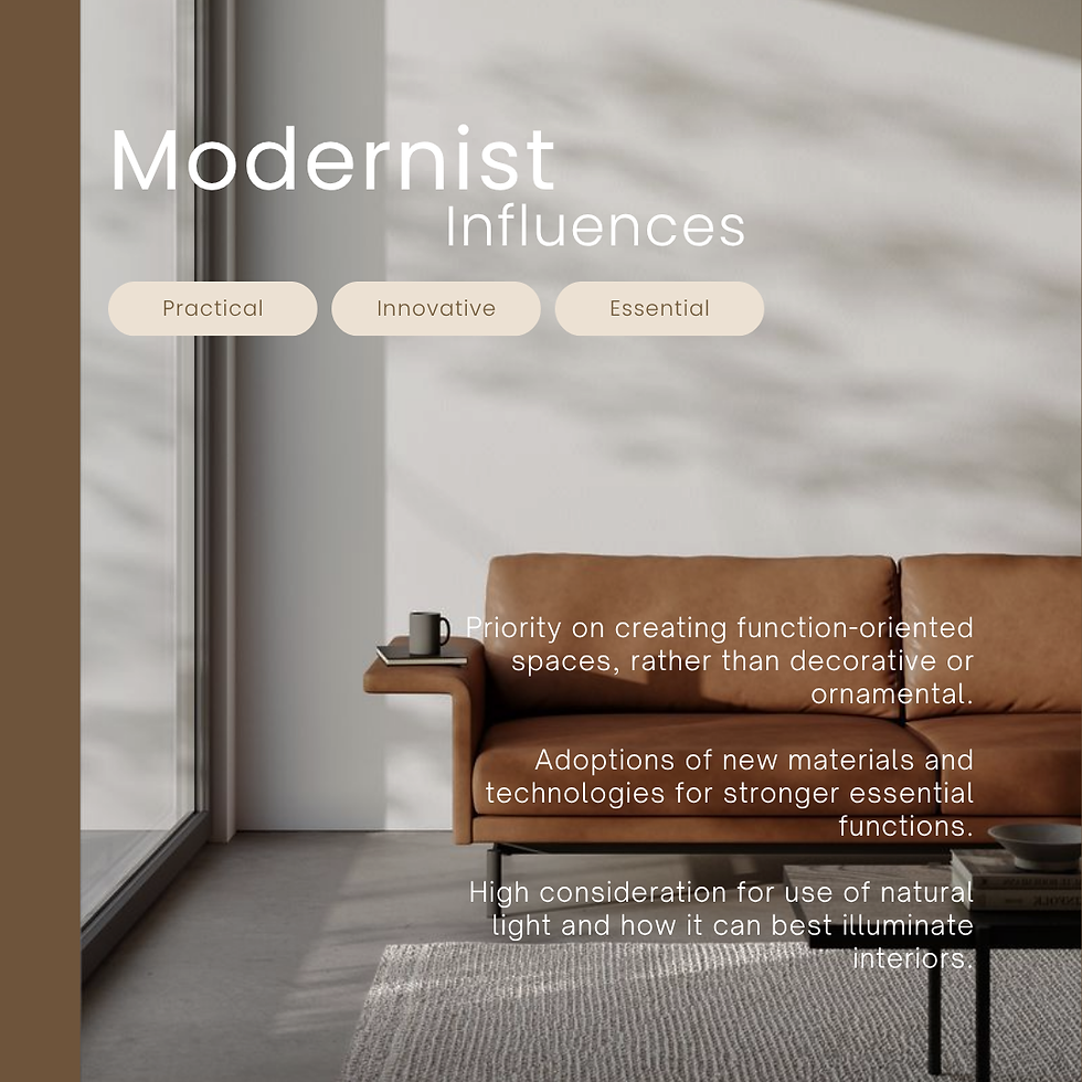 Brown sofa in a modern, minimalist room with text on modernist design influences, emphasizing practicality, innovation, and natural light.
