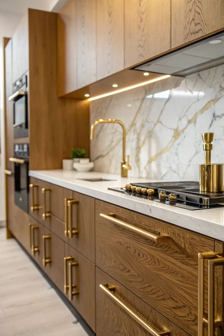 Modern kitchen with wood cabinets, gold handles, and marble backsplash. Gold faucet and stovetop on white countertop. Sleek, elegant design.