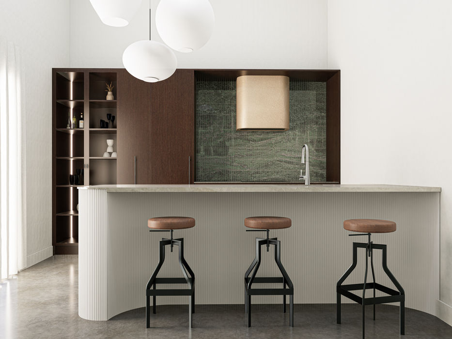 Modern open plan kitchen with dark woodgrain cabinet, glass door cabinet, dark green tile splashback, brushed-bronzed rangehood cover,. Curved kitchen island. Fluted panel for kitchen island.