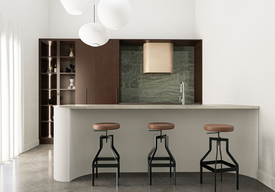 Modern open plan kitchen with dark woodgrain cabinet, glass door cabinet, dark green tile splashback, brushed-bronzed rangehood cover,. Curved kitchen island. Fluted panel for kitchen island.