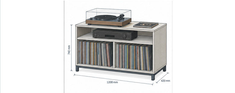 M03 Turntable console with record storage — product concept reference