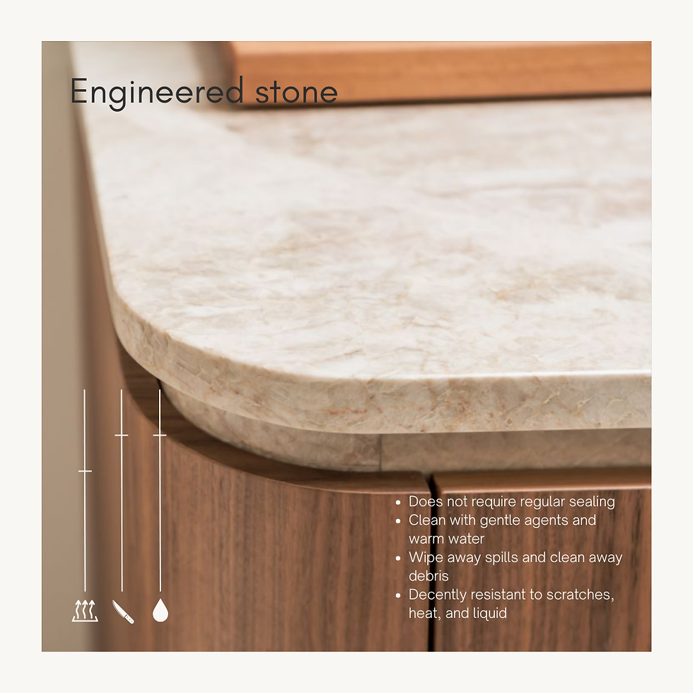 Engineered stone countertop with a smooth, light marble surface on wood, highlighting resistance to heat, scratches, and easy cleaning tips.