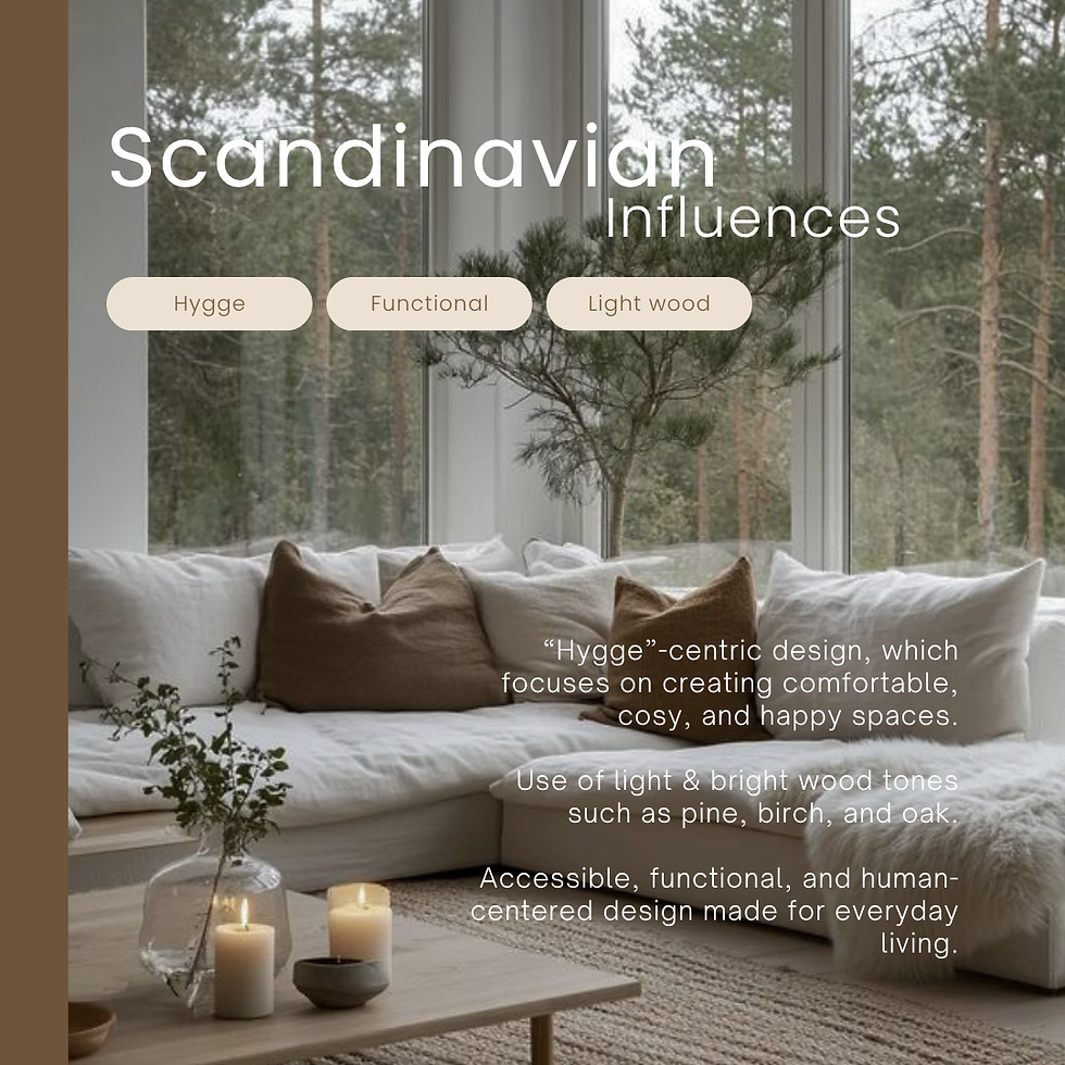 Cozy living room with beige sofa, brown pillows, candles, and a tree view. Text highlights Scandinavian design: "Hygge," "Functional," "Light wood."