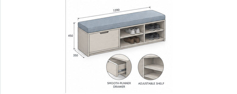 R10 Entry bench with shoe storage — product concept reference
