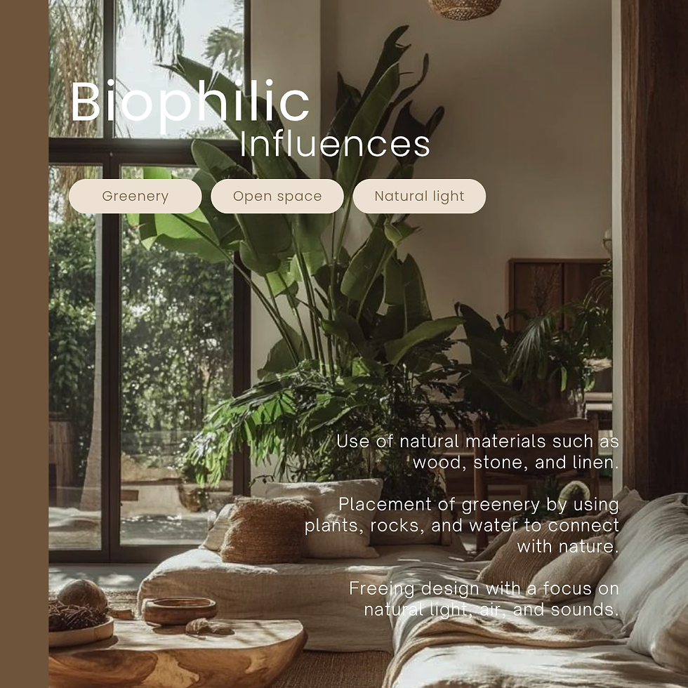 Cozy room with large plants, woven decor, and natural light. Text reads: Biophilic Influences, Greenery, Open space, Natural light.