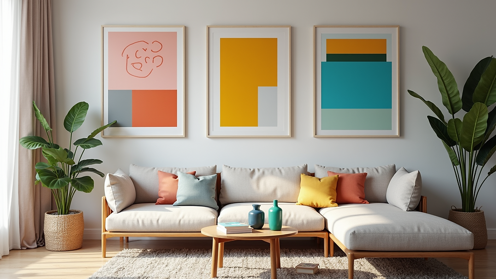 Eye-level view of colorful AI art hanging on a stylish wall