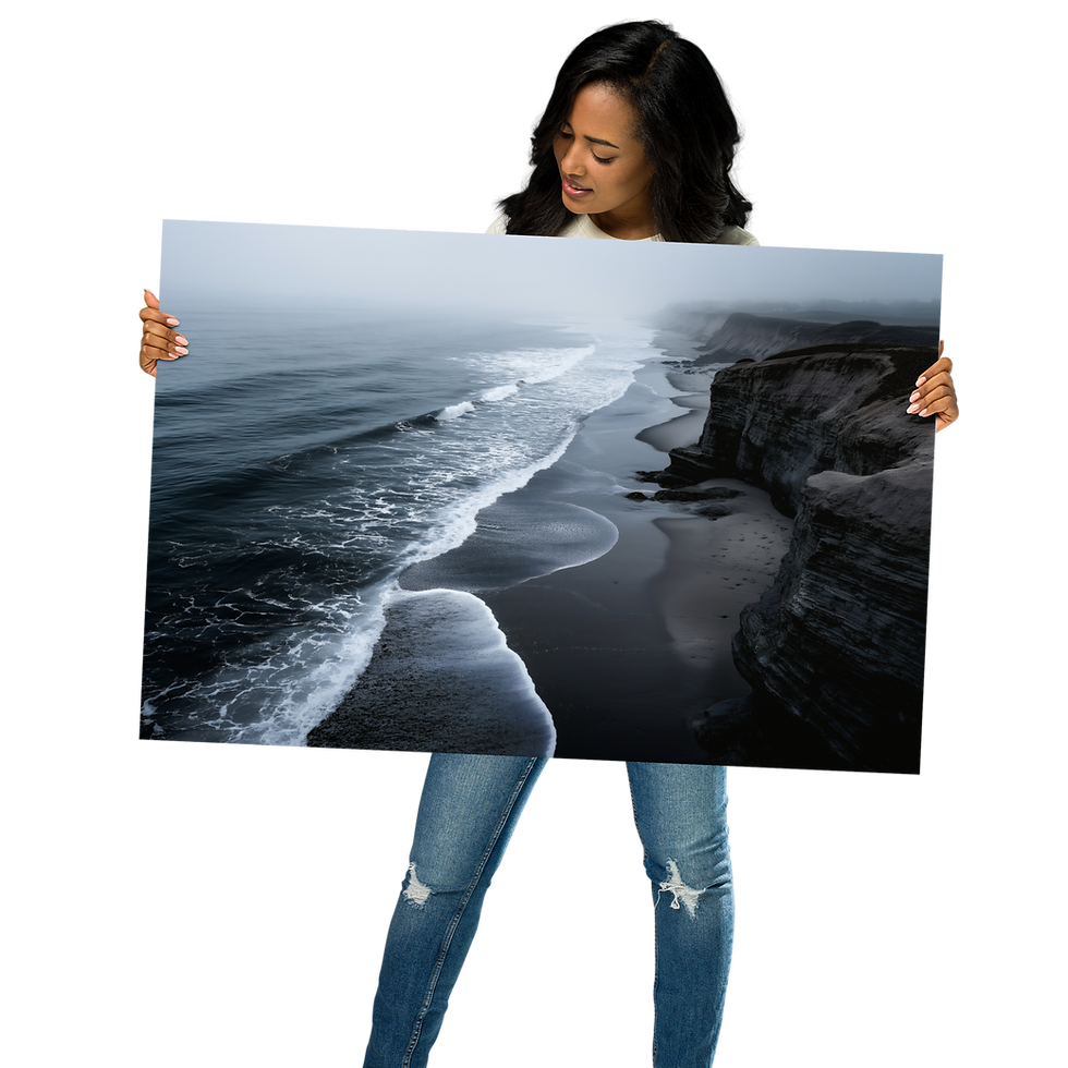 Thumbnail: Woman holding a Symphony of Colors – Innovation & Creativity AI Art Poster featuring a coastal landscape, DesignByGade.