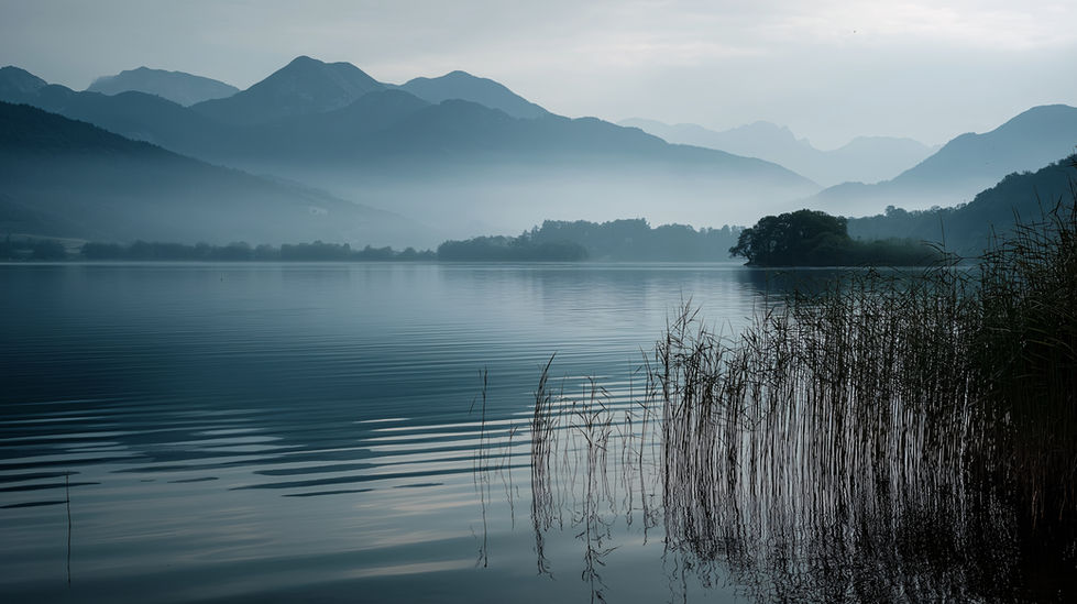 AI-generated image: Serene lake mirroring misty mountains under an overcast sky.