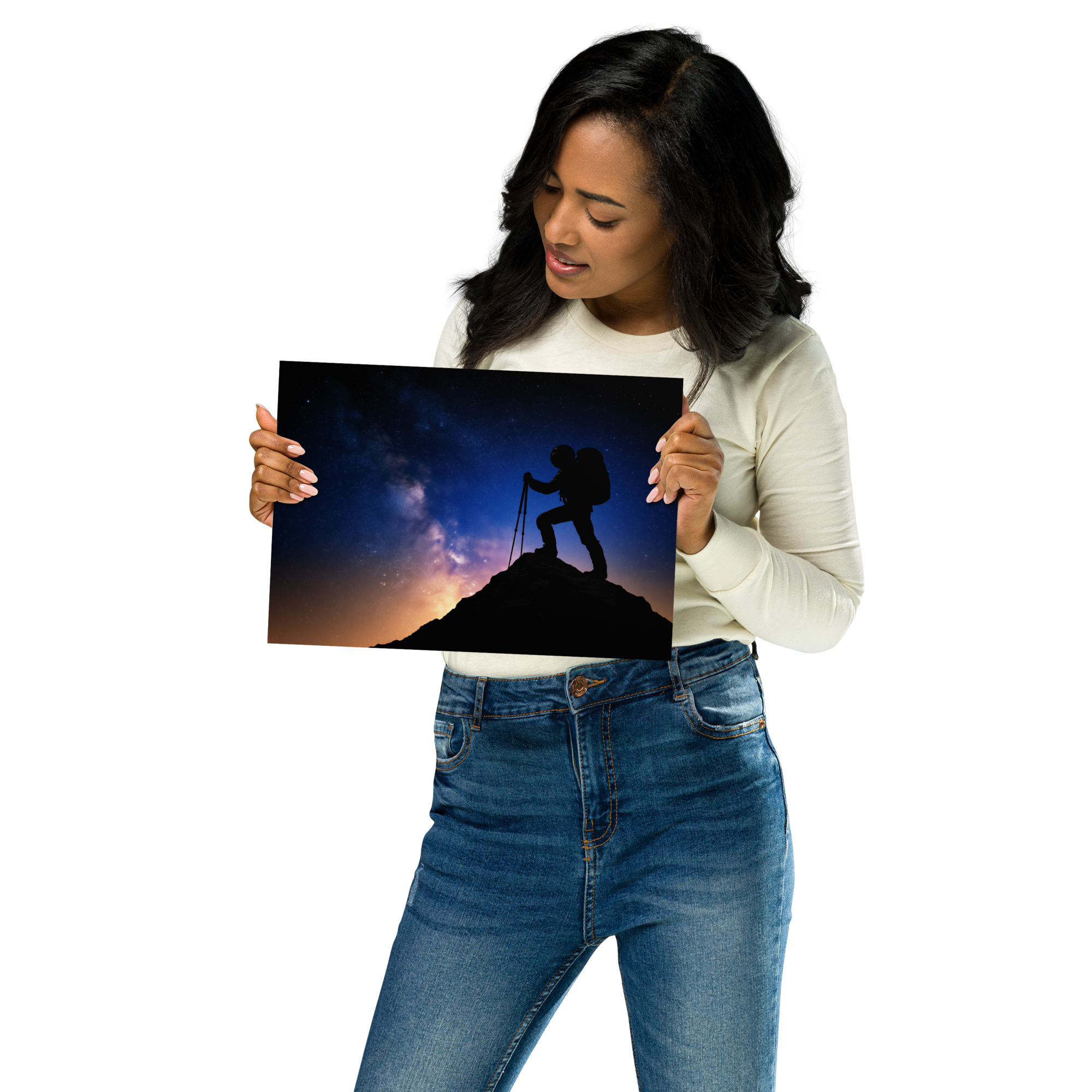 Woman holding a poster of a hiker at night