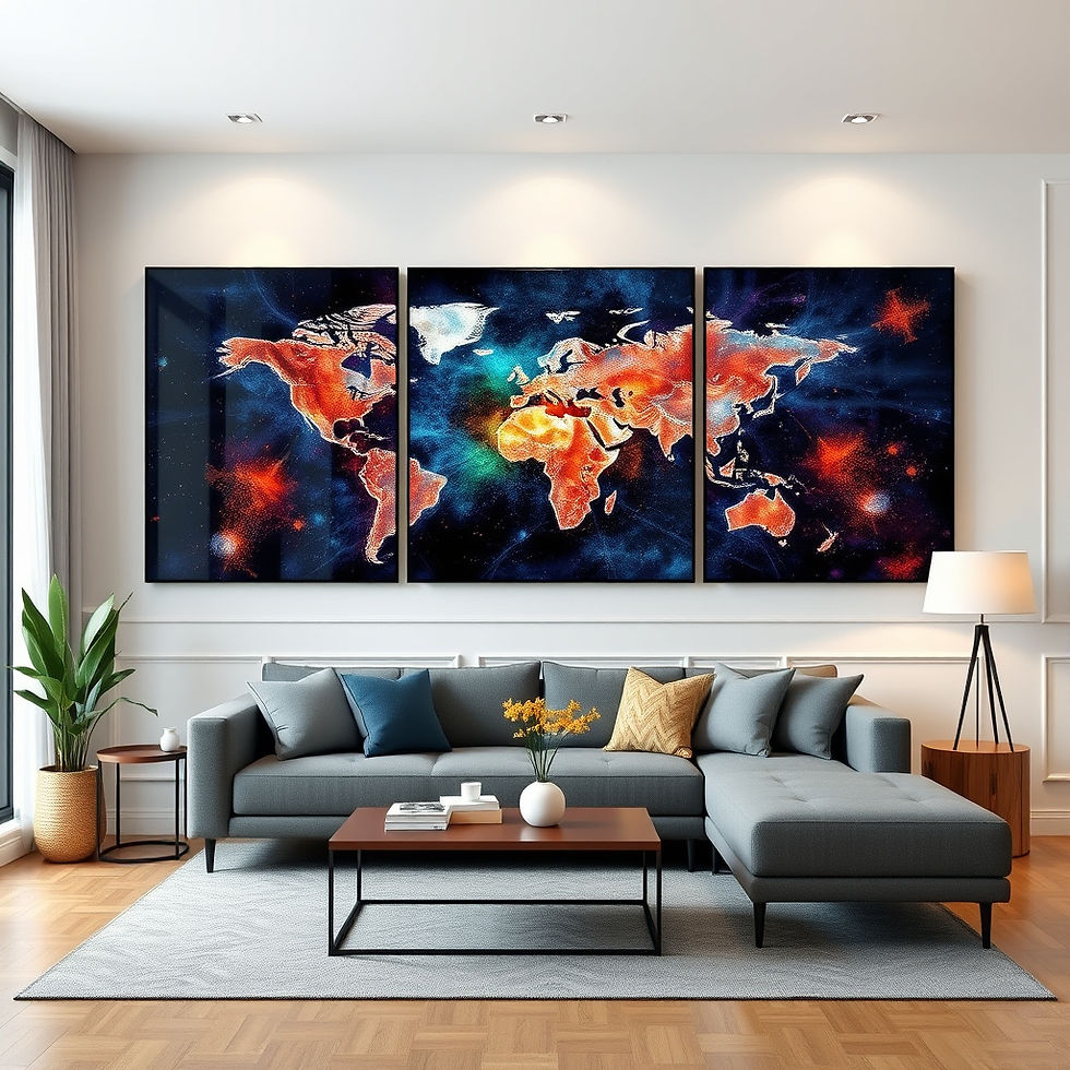 High angle view of a modern living room adorned with AI-generated wall art