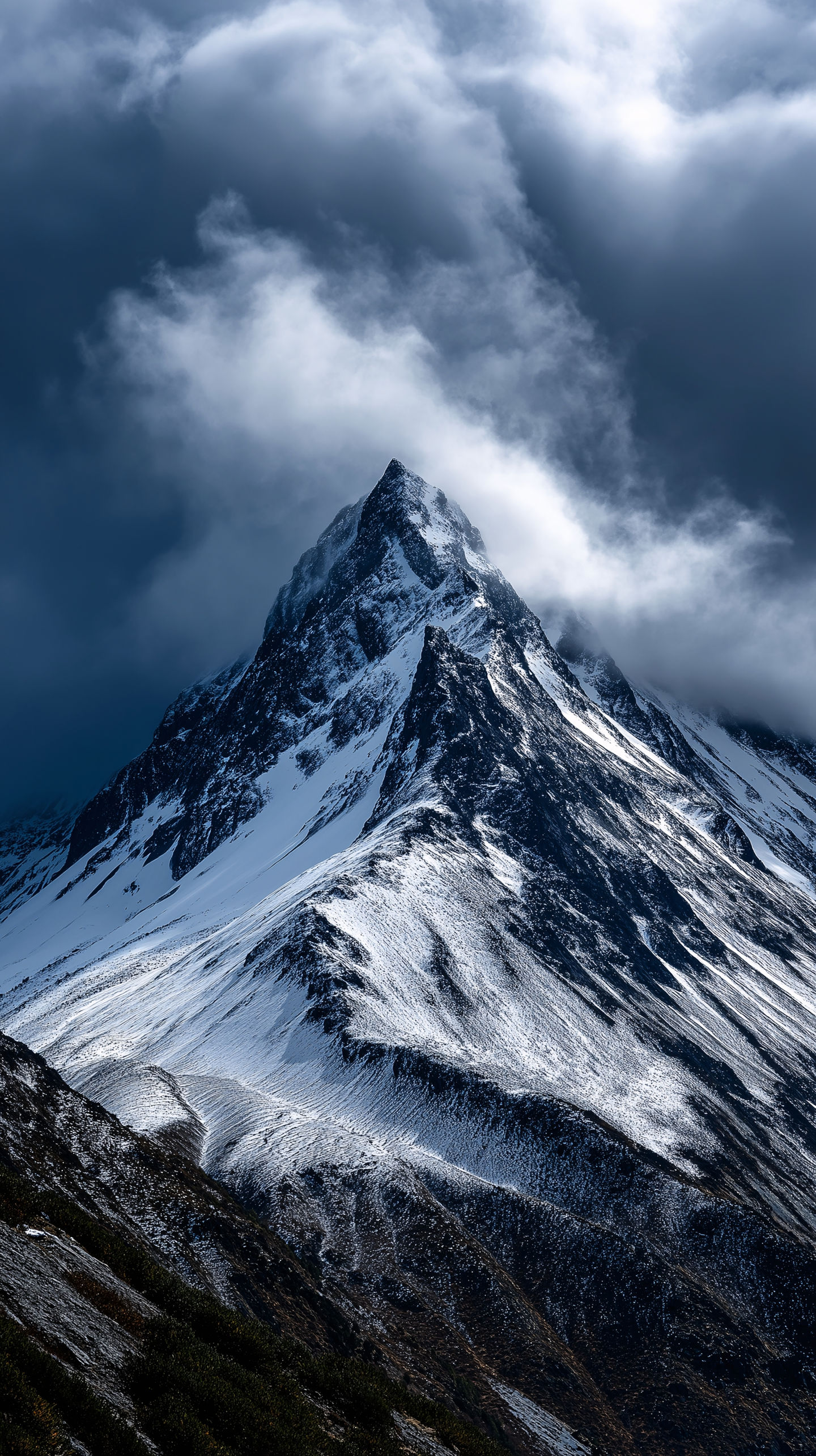 AI-generated image: Majestic snow-dusted mountain peak piercing through swirling clouds under a dramatic sky.