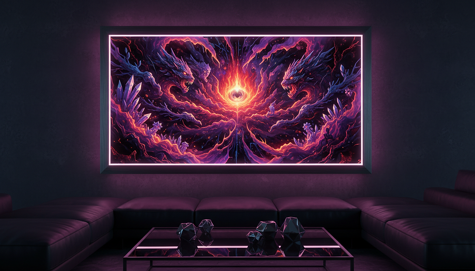 Cosmic nebula wall art illuminating a modern living space