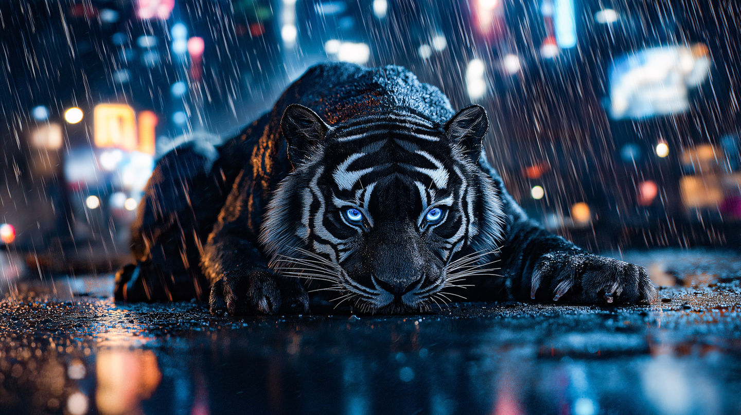 AI-generated image of a tiger in the rain, created for DesignByGade's poster collection.