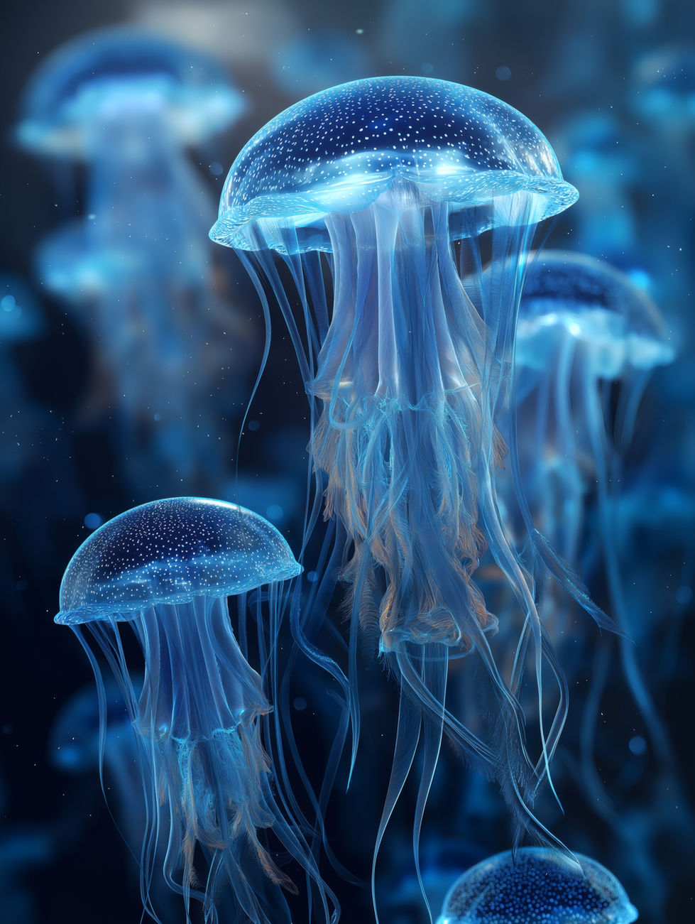 AI-generated art poster showing glowing electric blue jellyfish floating in dark ocean waters – serene deep-sea art for home decor.