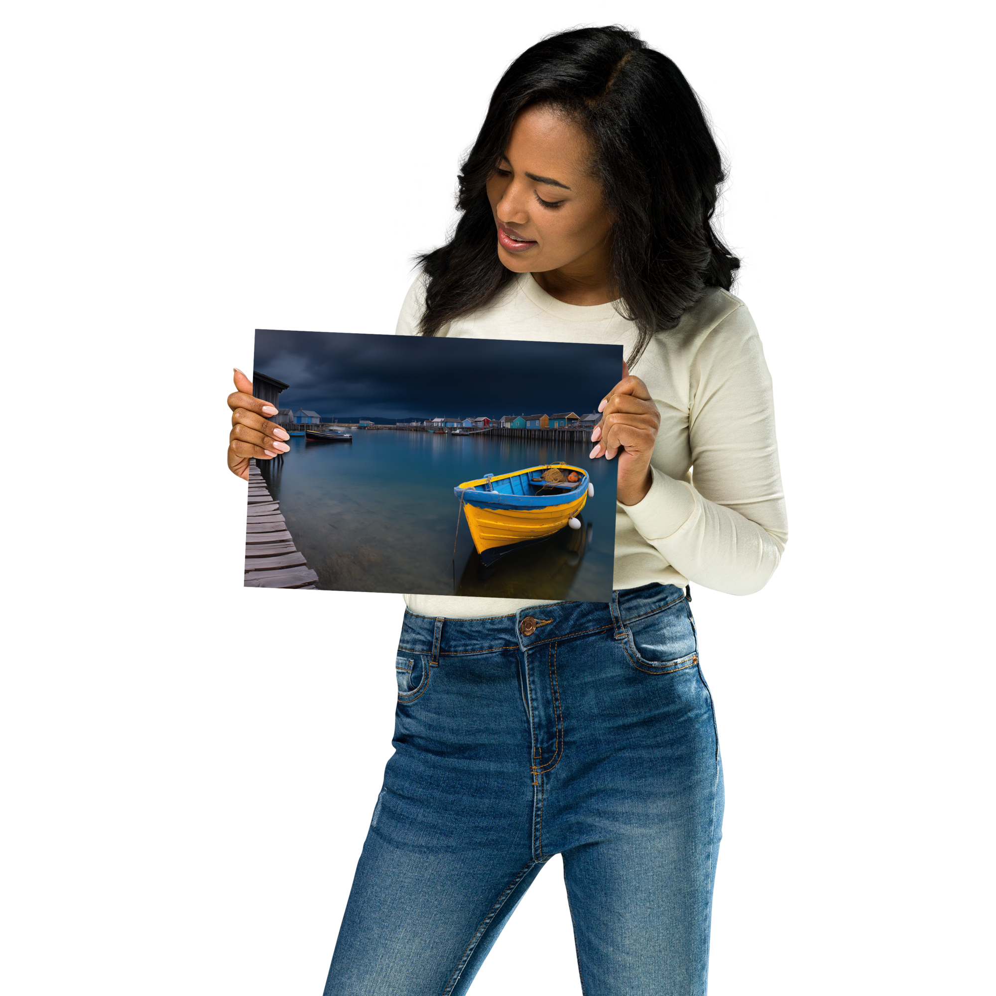 Woman holding a Framed Cosmic Shore – Space Beach Landscape AI Art Poster by DesignByGade