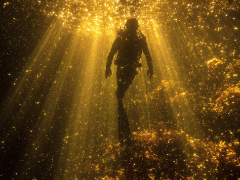 AI-generated art poster showing scuba diver descending into glowing underwater world with sunbeams and ocean life – adventure ocean wall decor.